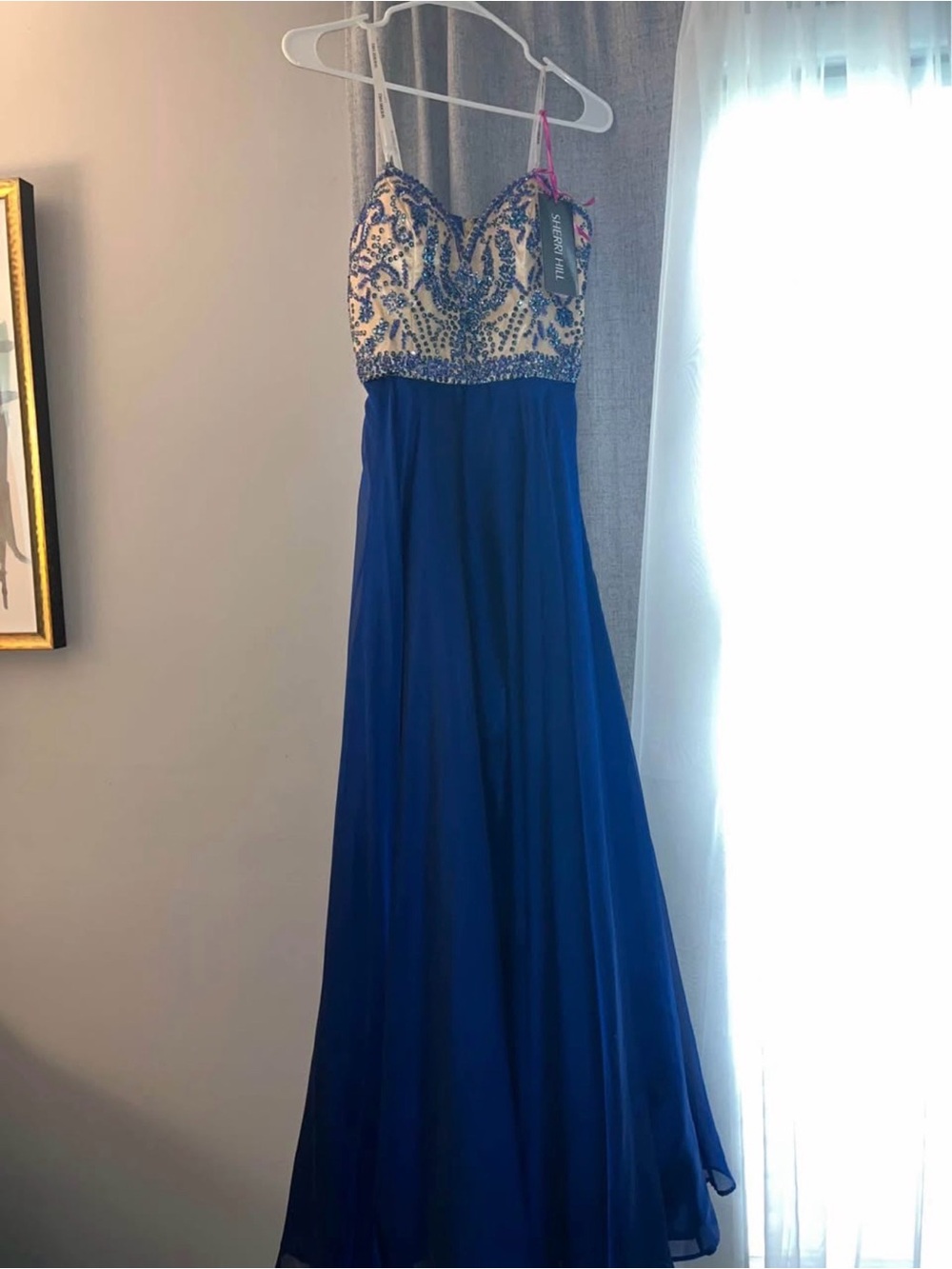Sherri Hill Royal Blue Chiffon Gown with Beaded Cream Bodice